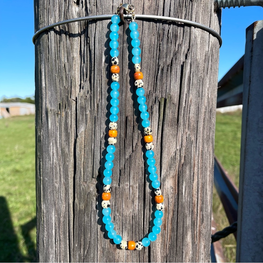 Handmade Chunky Beaded Necklace: Blue Glass, Dalmatian Jasper, Gold-Tone Boho